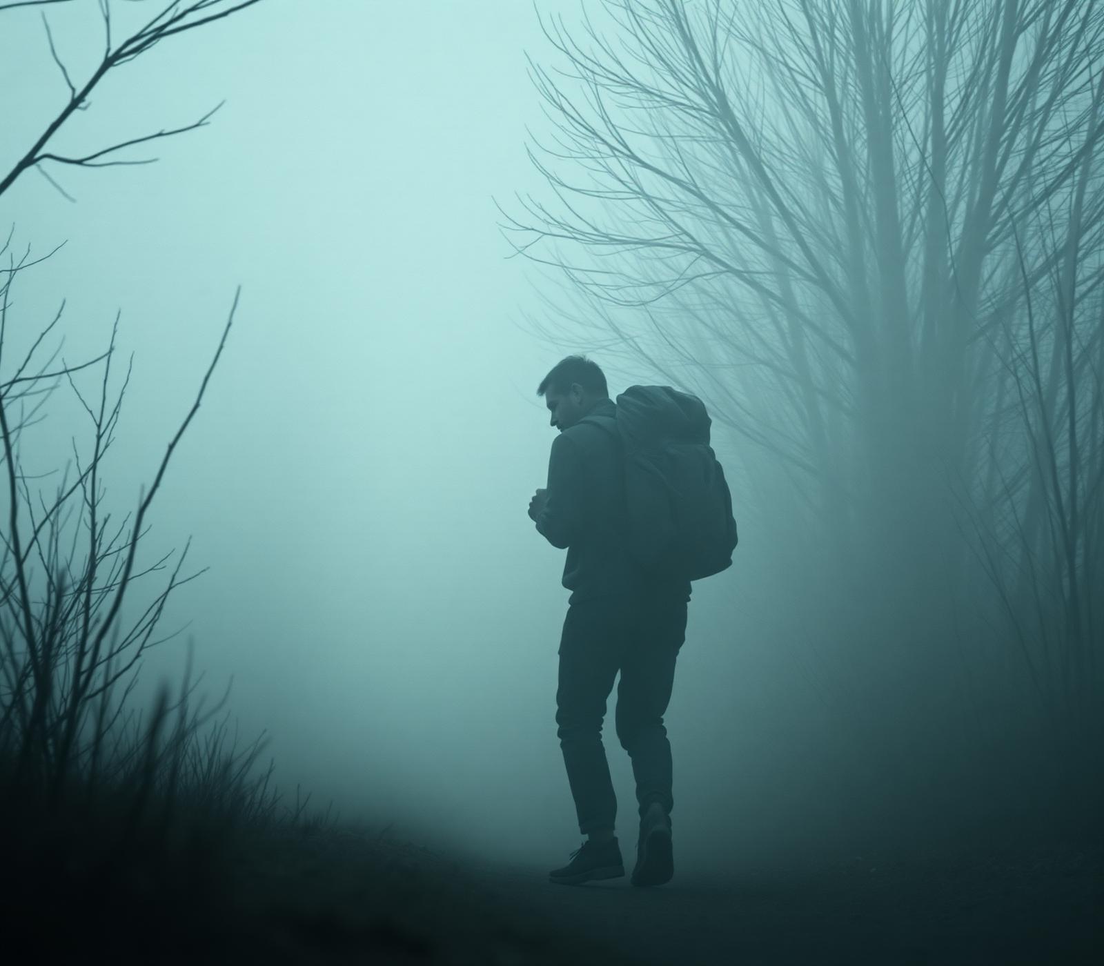 A solitary figure carrying a heavy pack through cold mist and bare trees