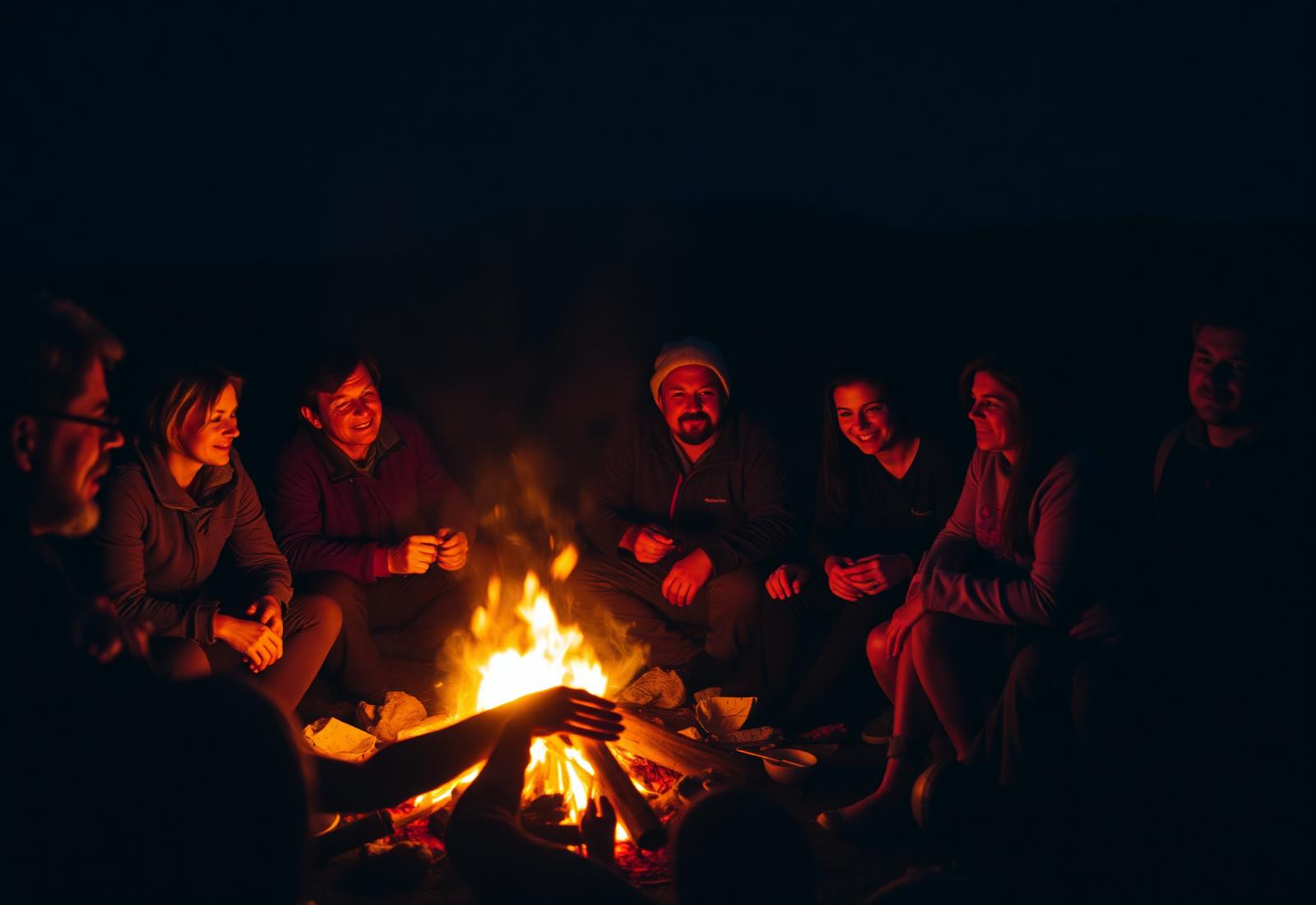 A group gathered around a campfire at night, sharing a meal