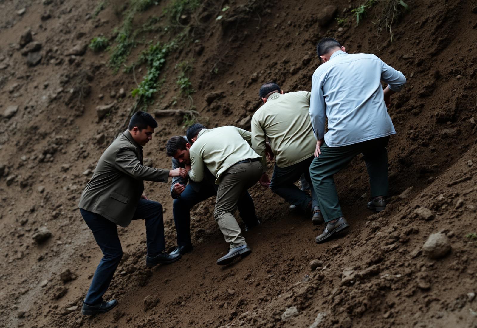 A team helping each other climb a steep muddy slope