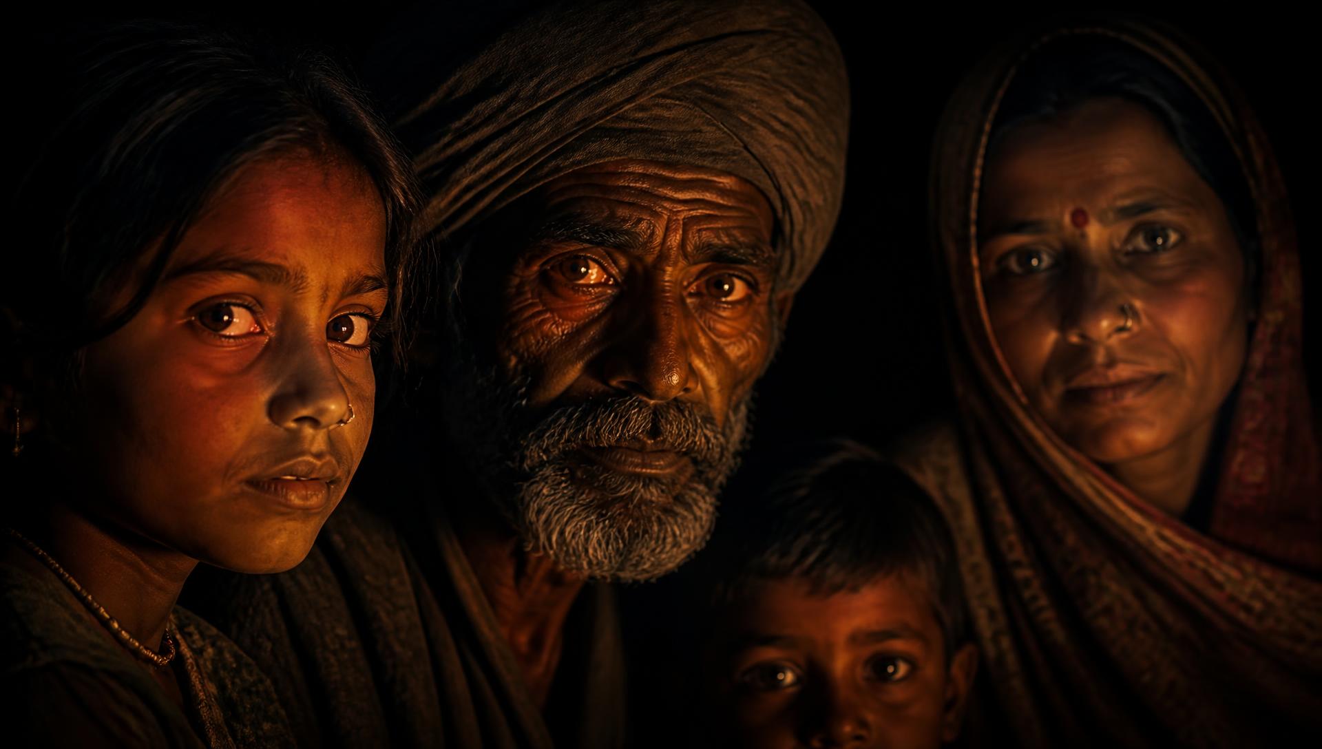 Firelit faces of people of different ages at the end of a long day